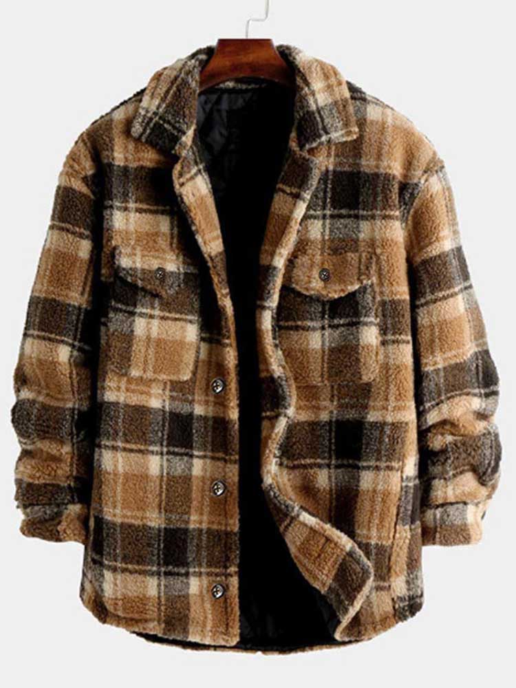 Jacket for Men Plaid Fluffy Fleece Shirt Jacket with Pocket Button-up Faux Fur Sherpa Fall Winter Streetwear Topcoats