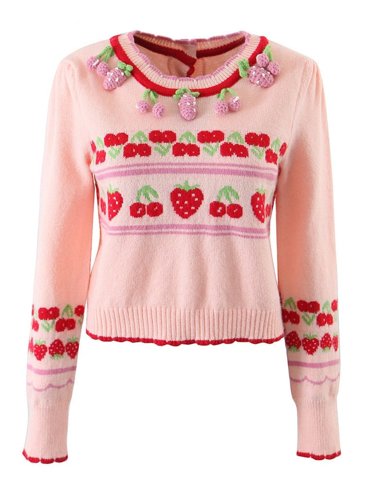 Women Autumn Winter Knit Cardigan Slim Cute O-Neck Strawberry Jacquard Reverse Wear Long Sleeve Sweater Female