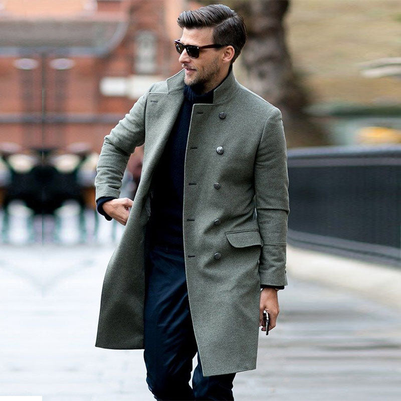 Business Casual Stand Collar Double Breasted Woolen Coat Men Winter Wool Overcoat Mens Long Melton Trench Jacket