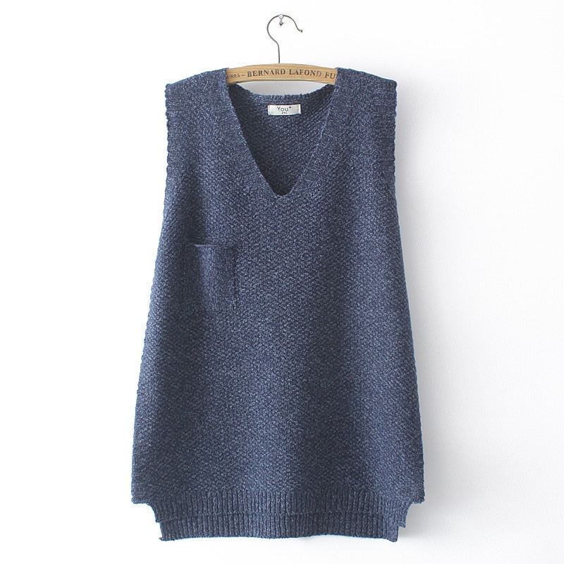 Women Navy Blue Sweater Vest LOOSE High Stretch Long Pullover Solid V-Neck Asymmetrical Length Pocket Curve Jumper