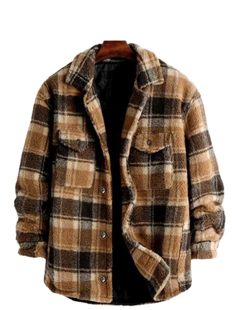 Jacket for Men Plaid Fluffy Fleece Shirt Jacket with Pocket Button-up Faux Fur Sherpa Fall Winter Streetwear Topcoats