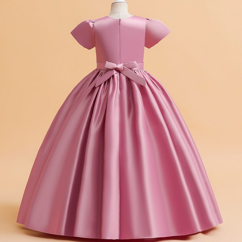 Formal Wedding Evening Dress Short Sleeve Kids Pink White Bridesmaid Clothes Girls Children Costume Baby Princess Party Prom