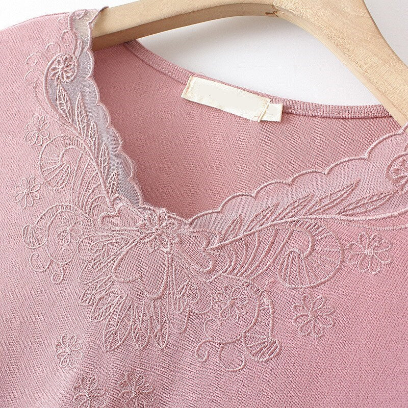 Women Clothing Fashion Lace Collar Ice Silk Knitting Embroidery Tops Casual Curve Tees Summer