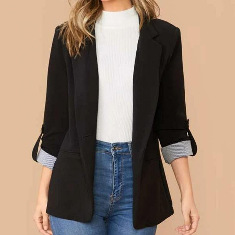 Autumn Women Blazer Lapel Pockets Roll-up Sleeve Striped Patchwork Cuffs Single Button Solid Temperament Lady Suit Coat