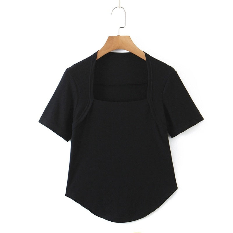 Women Elegant Show Collarbone Square Collar Tops French Slim Short Sleeve Tee Summer