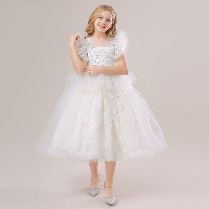 Girls Princess Bridesmaid Dress For Wedding Lace Flower Appliques Ball Gown Kids White Clothes Elegant Party Costumes