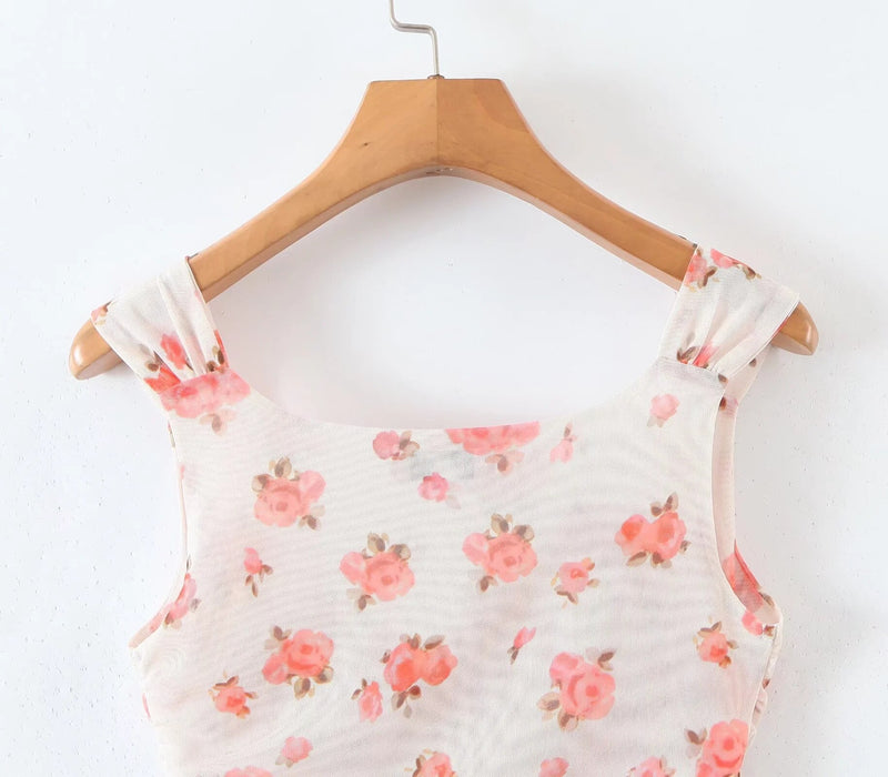 Summer Ins Blogger High Street Gauze Tank Tops Sexy Short Shirt Floral Casual Blouse Women