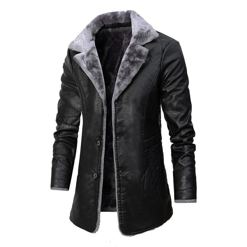 Mid-length Business Men‘s Leather Jacket Fleece Large Lapel Suit Plush Male Jacket Winter Warm Coats for Men