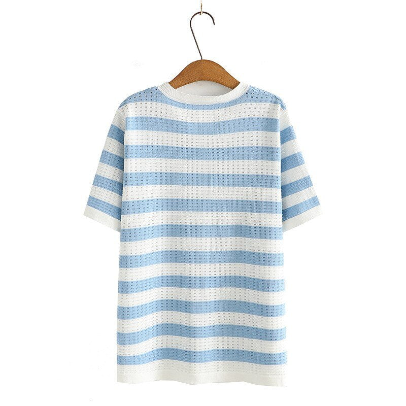 Tee For Women Clothing Hollow Out Tops Sweet Stripe Short Sleeve Thin Ice Silk Knitting Tee