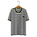 Women Clothing Ice Silk Knitting Tops Casual Stripe Embroidery Tees