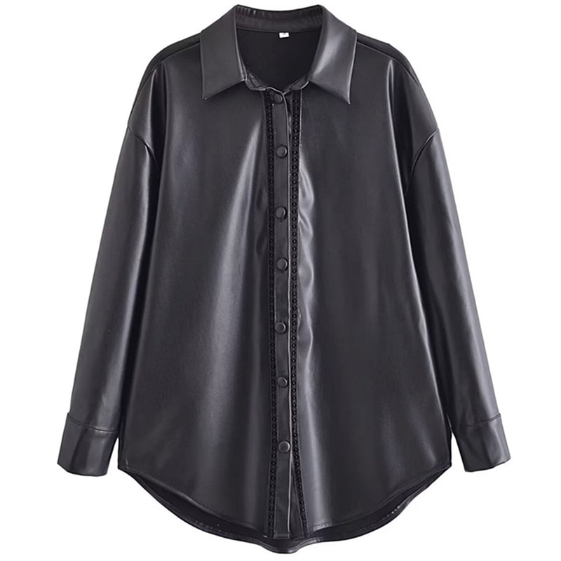 England Lace Splicing Black Leather Shirt Casual Blouse Women