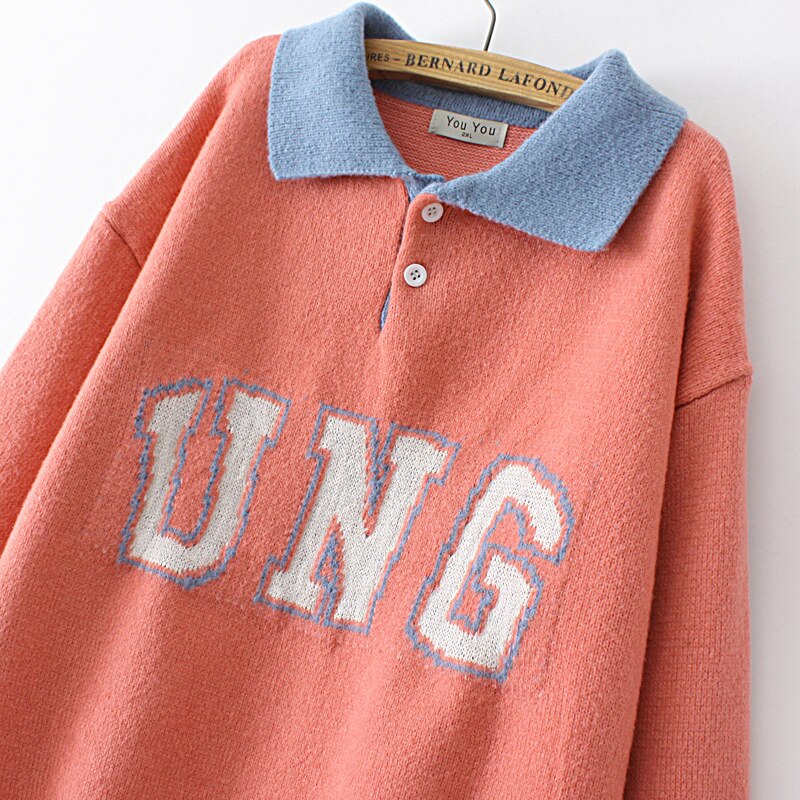 Woman Clothing LOOSE Knitted Pullover Letter Dobby Peter Pan Collar Curve Jumper Winter