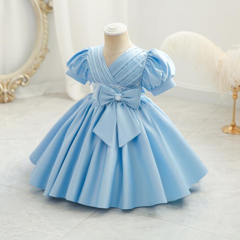 Kids Flower Girl Dress for Weddings Infant Bowknot Ruched Ball Gowns Baby Girls 1st Birthday Ceremonial Pageant Party