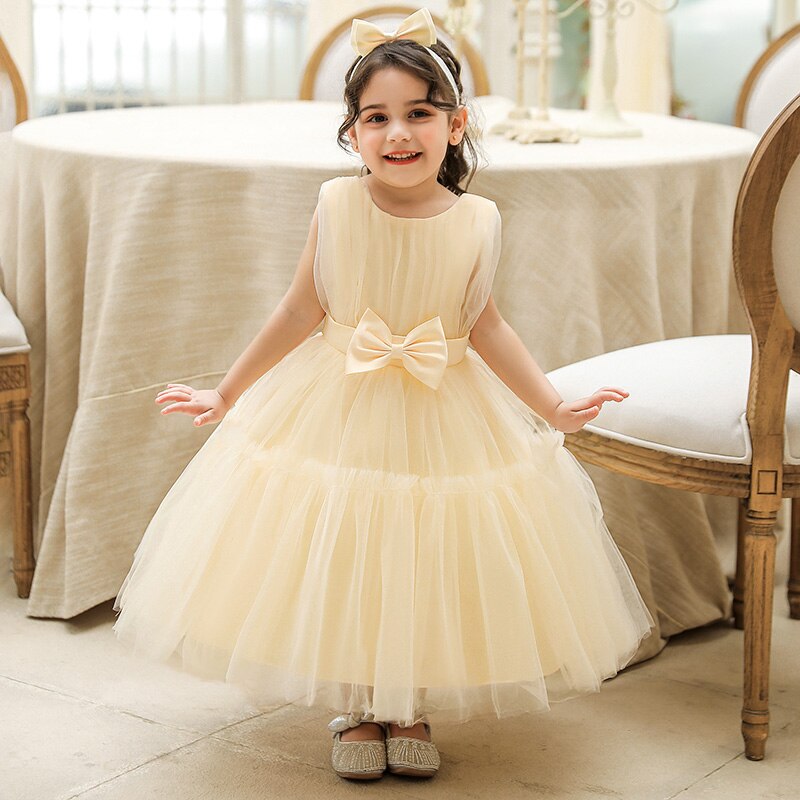 Wedding Party Baptism Prom Kids Clothes Pink White Toddler Lace Bow Dress Baby Girls Christening