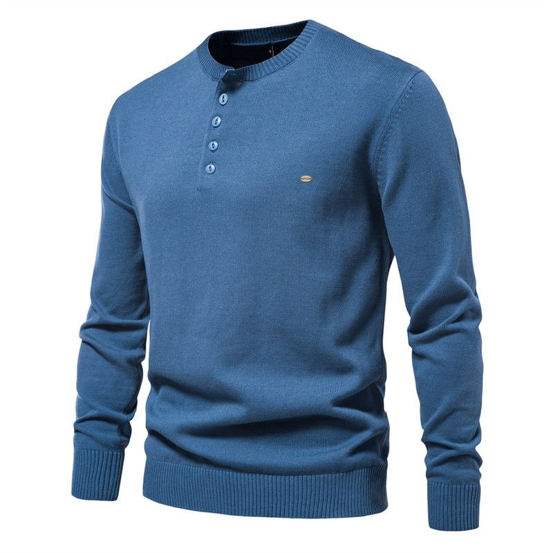 Henley Collar Men Sweaters 100% Cotton Solid Color Casual Men Pullovers New Autumn Thin High Quality Sweaters for Men