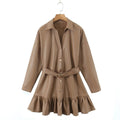 Spring and winter turn-down collar full sleeve leather khaki high waist belt single breasted dress