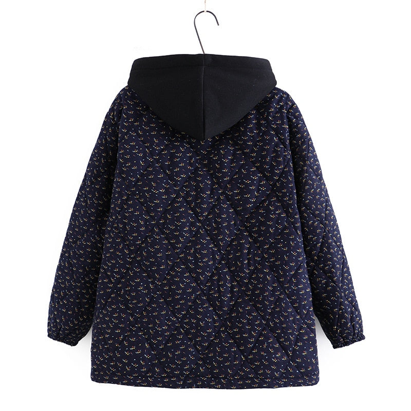 Women Parka Floral Thick Warm Hooded Medium-Length Cotton Jacket Winter Warm Clothing