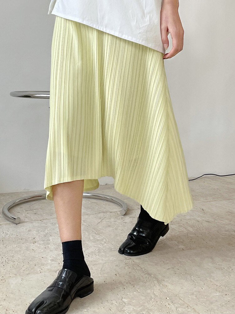 High Elastic Waist Yellow Irregular Pleated Casual Half-body Skirt Women Tide Spring Autumn