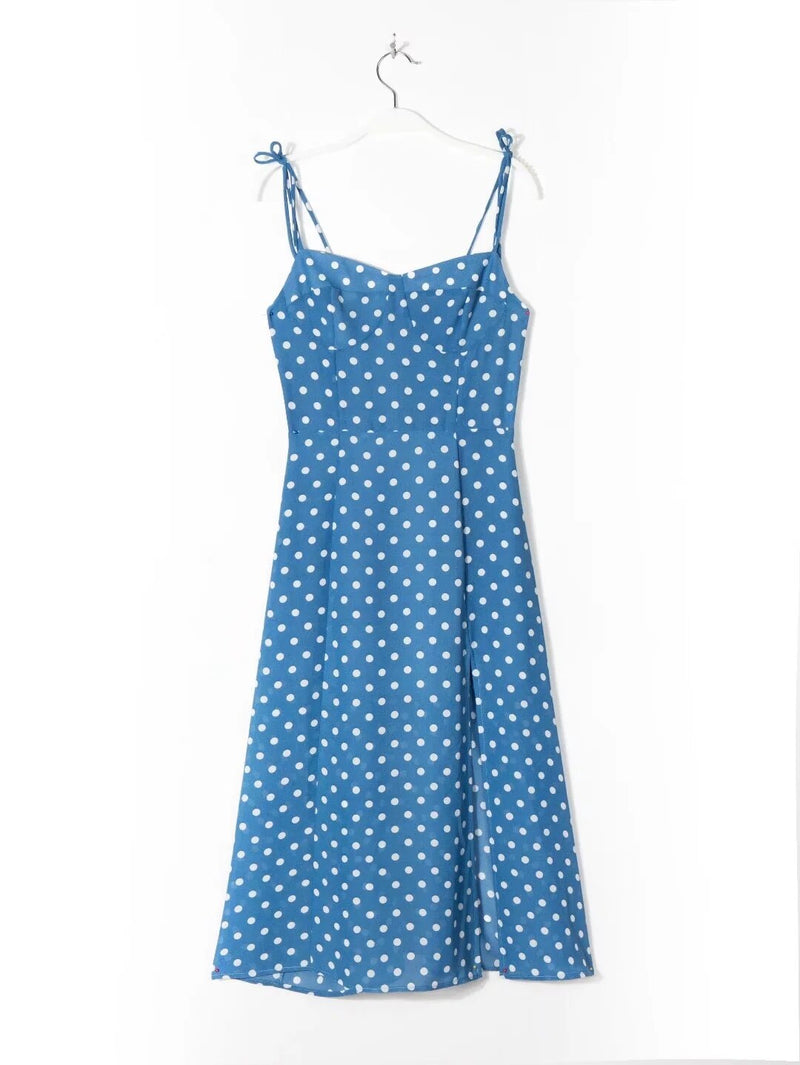 Elegant Party Midi Dress Women France Style Indie Folk Blue Polka Dot Sexy Summer Suspender Dress