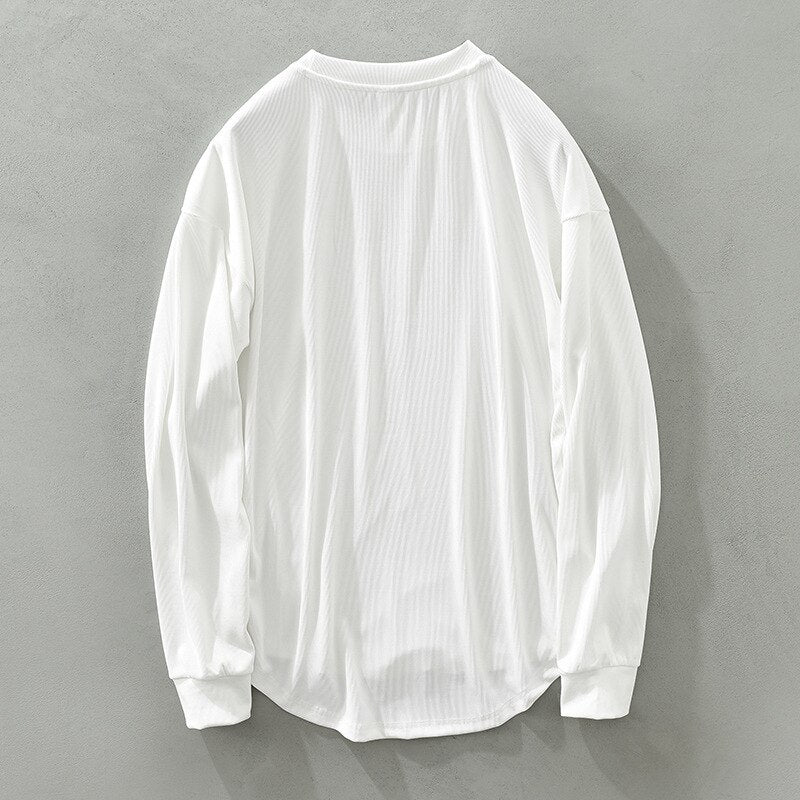 Autumn Men Solid White T-shirt Teens Simple Casual Loose Long Sleeve O-neck Pullover Soft Tops Tee