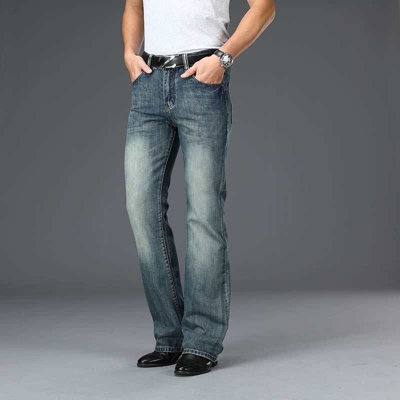 Men Four Seasons Mid Rise Flared Jeans Loose Casual Pants