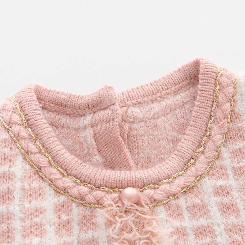 Autumn and Winter Kids Clothing Baby Girl Dress England Style Infant Long Sleeves Pink Knitting Mesh Dress Children Clothes