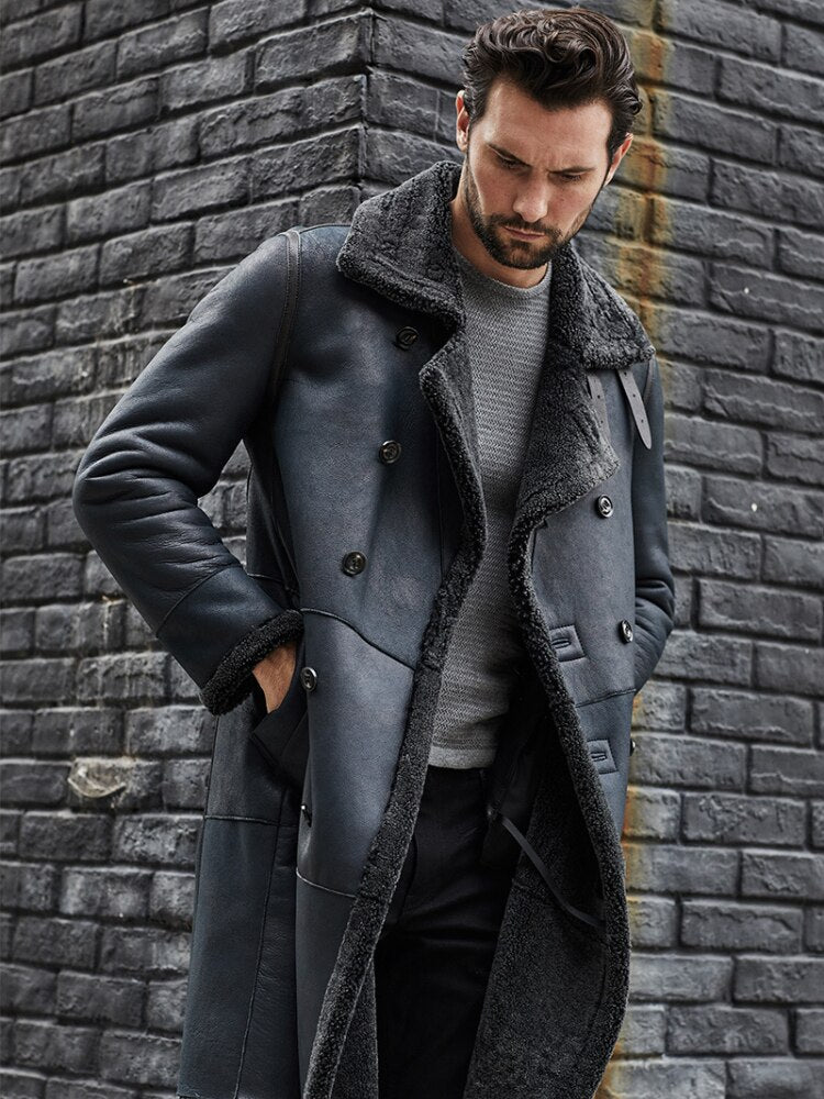 Mens Dark Blue Long Shearling Coat Lapel Double Breasted Thickened Winter Genuine Leather Jacket Real Overcoat