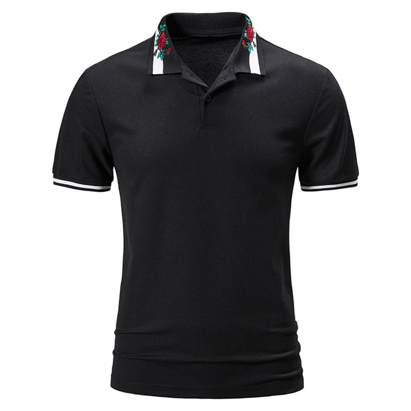 Summer Short Sleeve Basic Lapel Polo Shirt Men Rose Embroidered T-Shirt Top