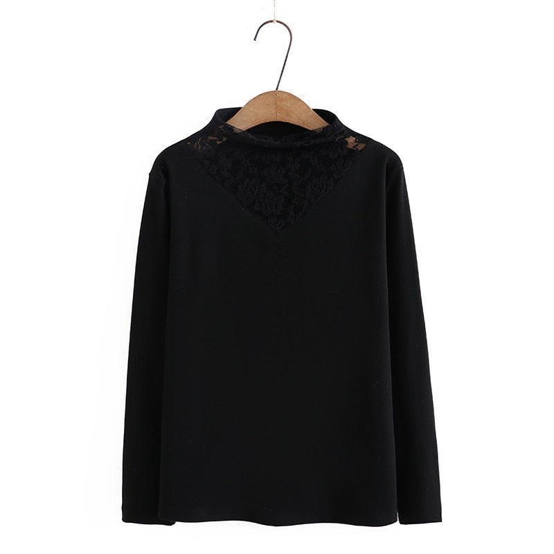 Women Autumn Winter Stand Collar Splice Lace Slim Tops Fleece Warm Long Sleeve Tees