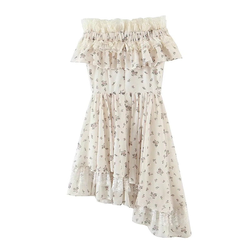 Asymmetry Floral Lace Splicing Cascading Party Mini Dress Women