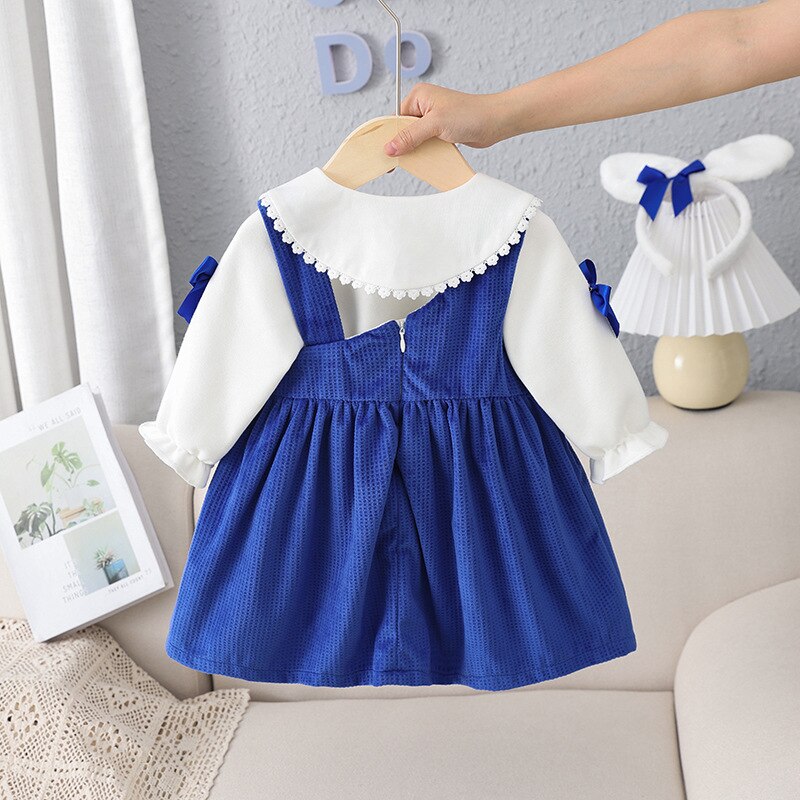 Autumn and Winter Kids Clothing Baby Girl Sets Plus Velvet Infant White Tops Blue Suspenders Dress Suit Children Clothes