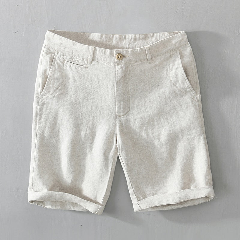 Pure Linen Shorts for Men Summer Solid White Loose Holiday Shorts Man Casual Button Fly Short Pants