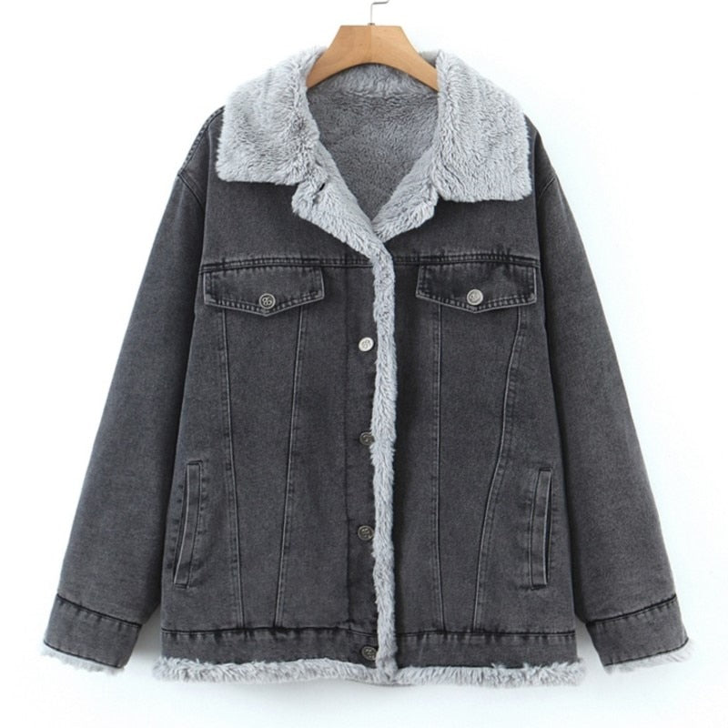 Women Winter Plush Washed Denim Thick Coat Classic Retro Fur Lining Jacket