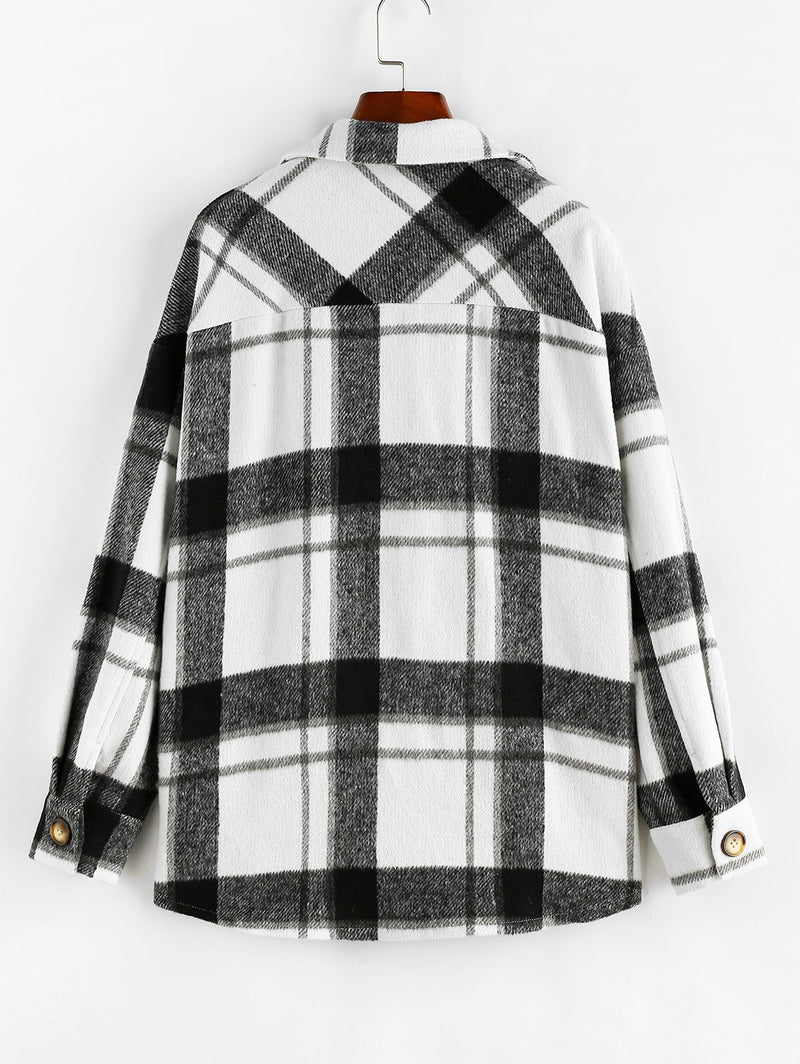 Plaid Drop Shoulder Long Shacket Spring Autumn Long Button Up Jacket Women Clothing Turn-down Collar