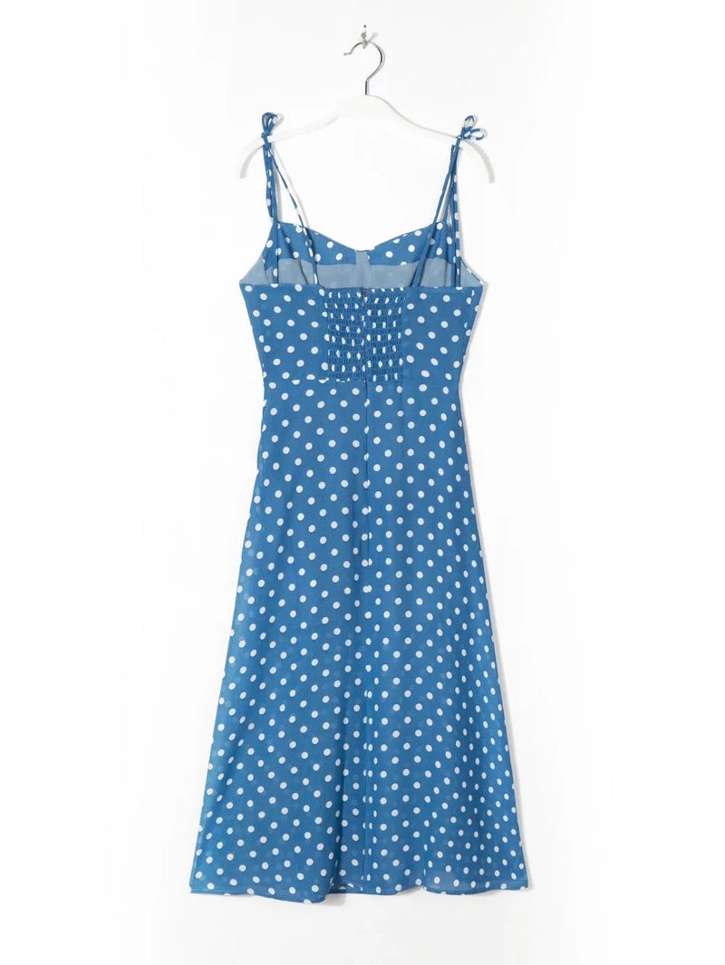 Elegant Party Midi Dress Women France Style Indie Folk Blue Polka Dot Sexy Summer Suspender Dress