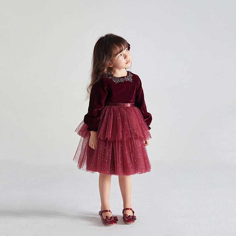 Christmas Formal Dress for Kids Girl Children Girls Patchwork Red Tulle Layered Ball Gown for Pageant Ceremony Carnival