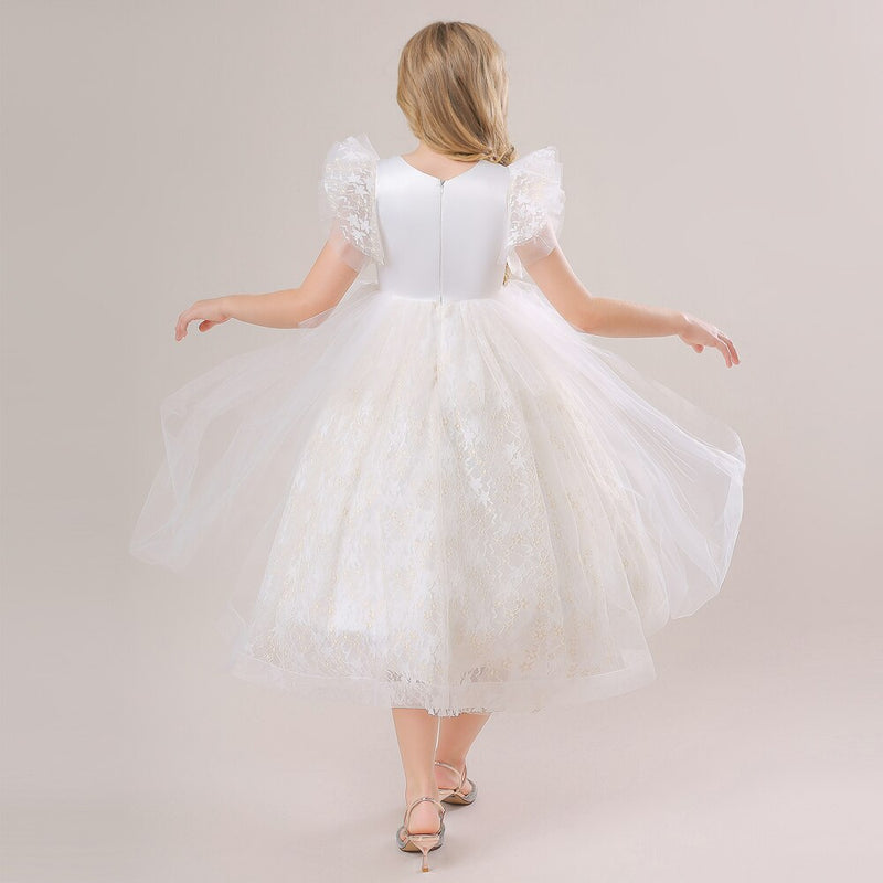 Girls Princess Bridesmaid Dress For Wedding Lace Flower Appliques Ball Gown Kids White Clothes Elegant Party Costumes