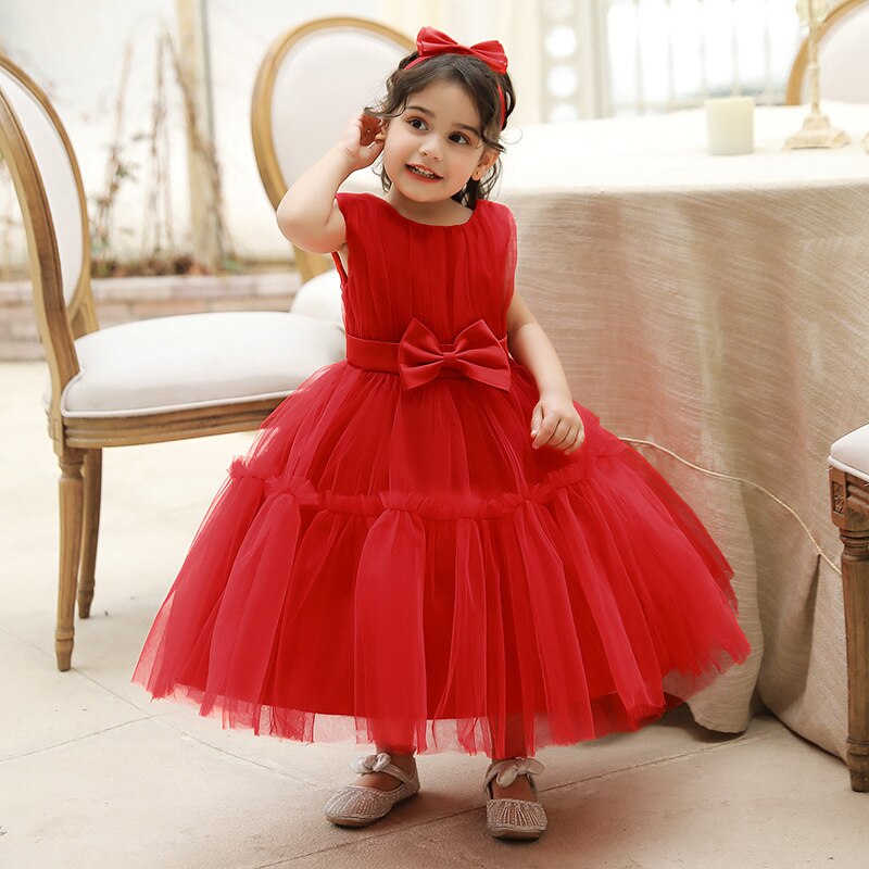 Wedding Party Baptism Prom Kids Clothes Pink White Toddler Lace Bow Dress Baby Girls Christening