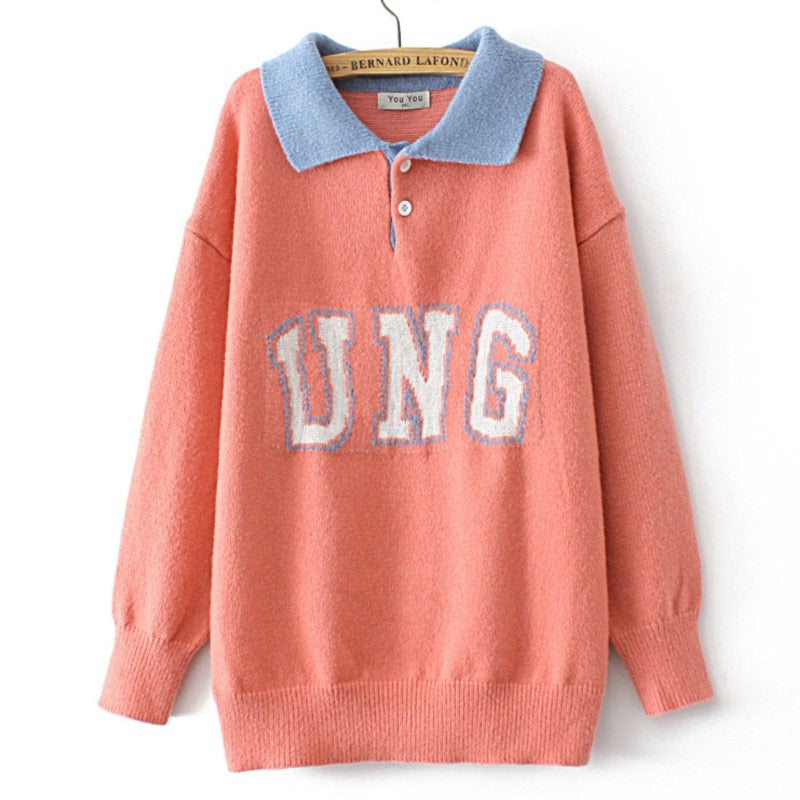 Woman Clothing LOOSE Knitted Pullover Letter Dobby Peter Pan Collar Curve Jumper Winter