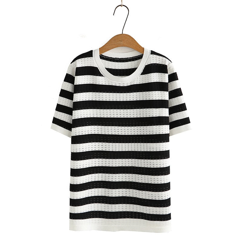 Tee For Women Clothing Hollow Out Tops Sweet Stripe Short Sleeve Thin Ice Silk Knitting Tee