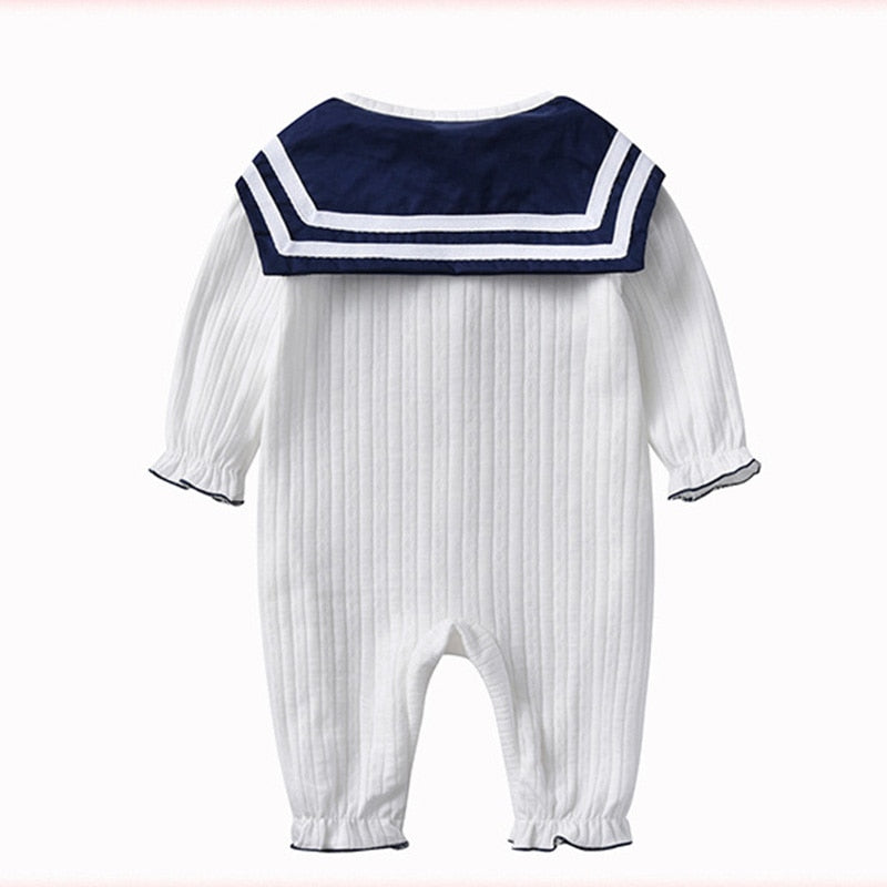 Spring and Autumn Children Clothing Baby Clothes Baby Girl One-Pieces Navy Style White Kids Romper Outing Infant Jumpsuit