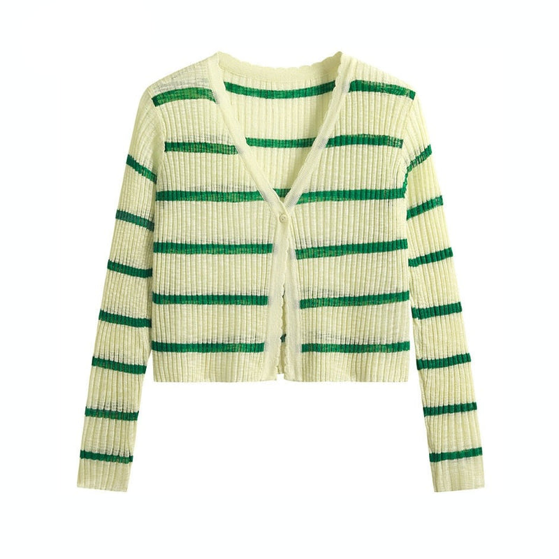 Classic Striped Cardigan Short linen Knitted Jacket Spring Summer Style Knitted Cardigans Women