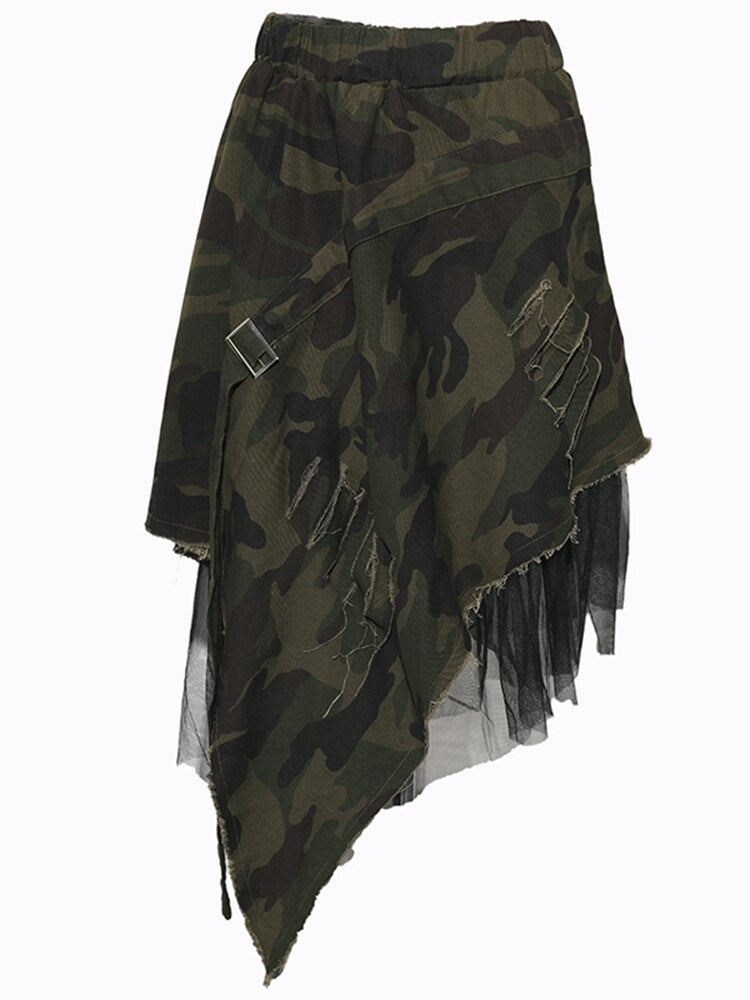 High Elastic Waist Army Green Mesh Irregular Long Half-body Skirt Women Tide Spring Autumn