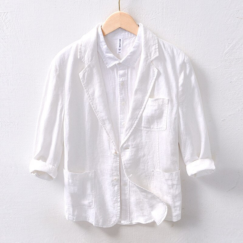 Mens Breathable Linen Coat Business Casual Thin Suits Premium Quality Multi-Pocket Simple Basic White Tops