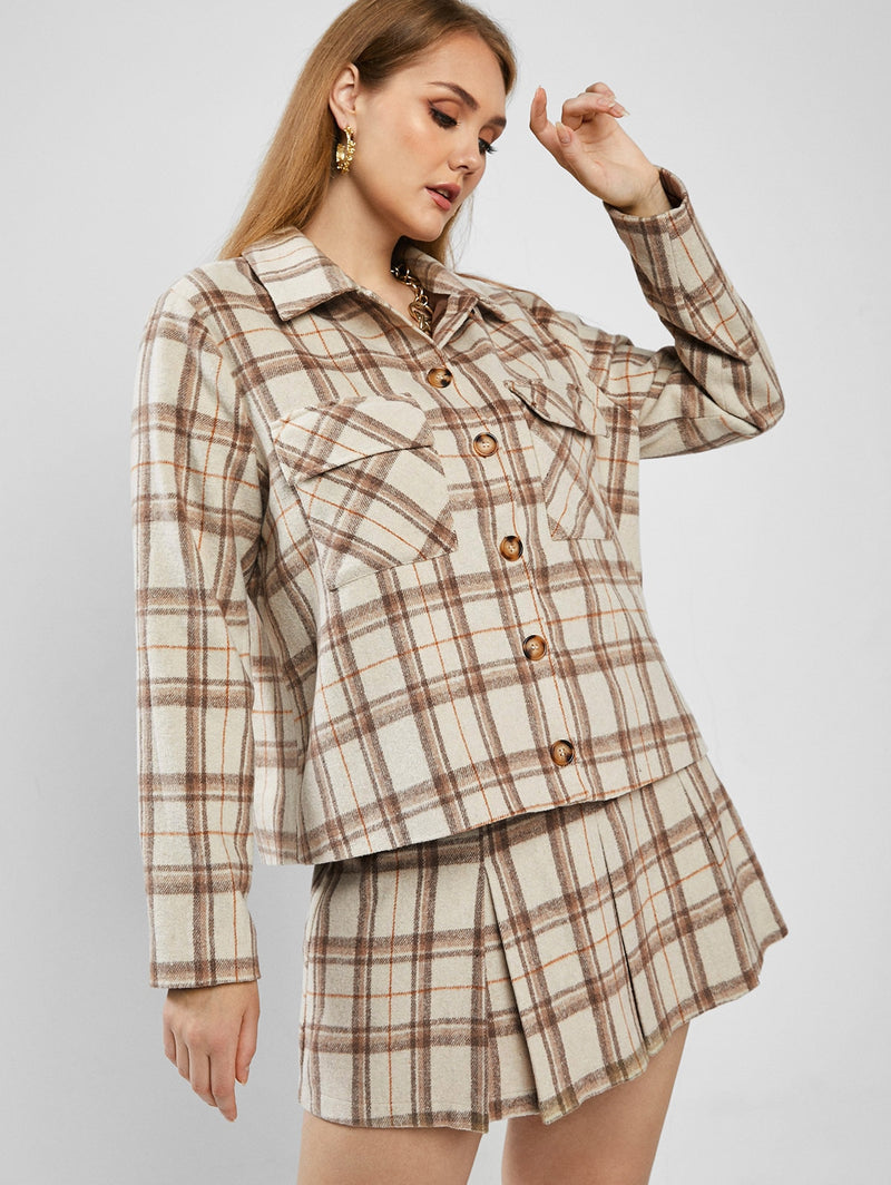 Flannel Plaid Single Breasted Pocket Shacket Shirt Jacket Women Wide-waisted Shirt Collar Long Sleeves Fall Winter