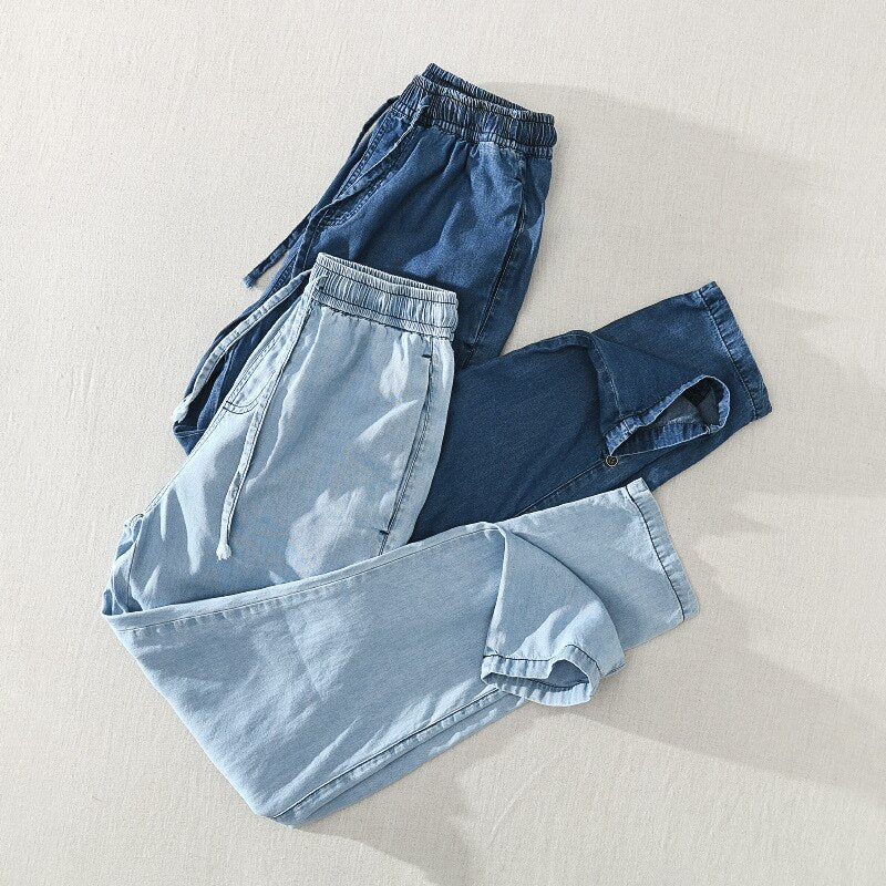 Linen Pants Summer Men Elastic Waist Casual Loose Denim Trousers Solid Simple Versatile Straight Jeans