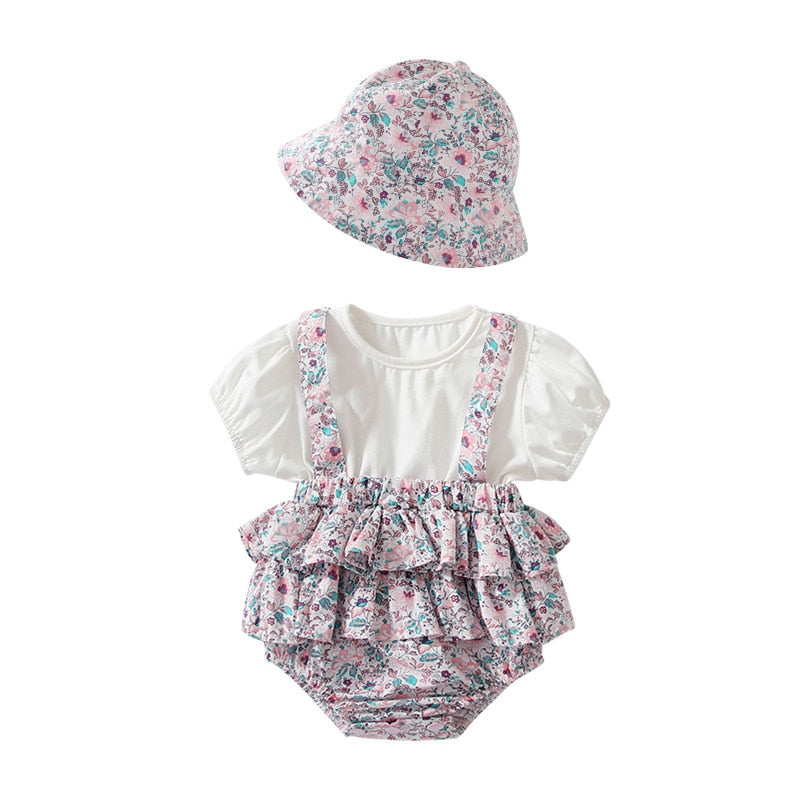 Spring Summer Newborn Babies Jumpsuits Hat Little Baby Girls Short Sleeves Floral Rompers Toddlers