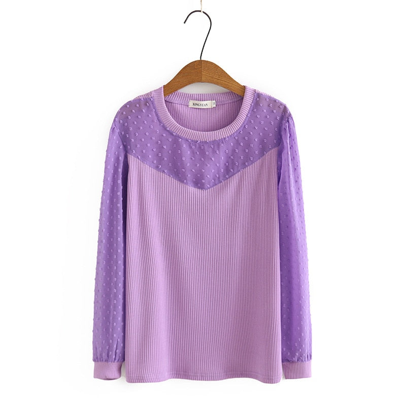 Autumn Tops For Women Cotton T-Shirt Casual Mesh Splice O-Neck Long Sleeve Curve Tees