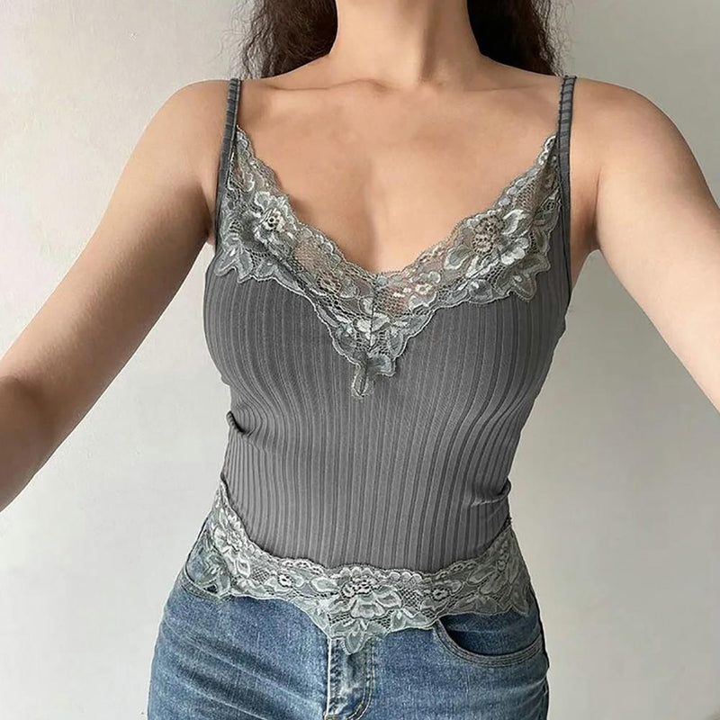 Floral Bralette Women Tank Top Deep V Neck Slim Fit Sleeveless Pullover Solid Sexy Lace Sling Camisole Lady Vest T-shirt