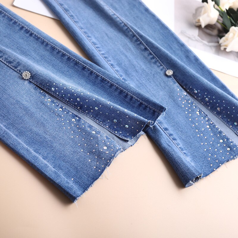 Women Summer New Front Slit Micro-Flare Jeans Are Tall And Thin Light Blue Wide-Leg Casual Pants